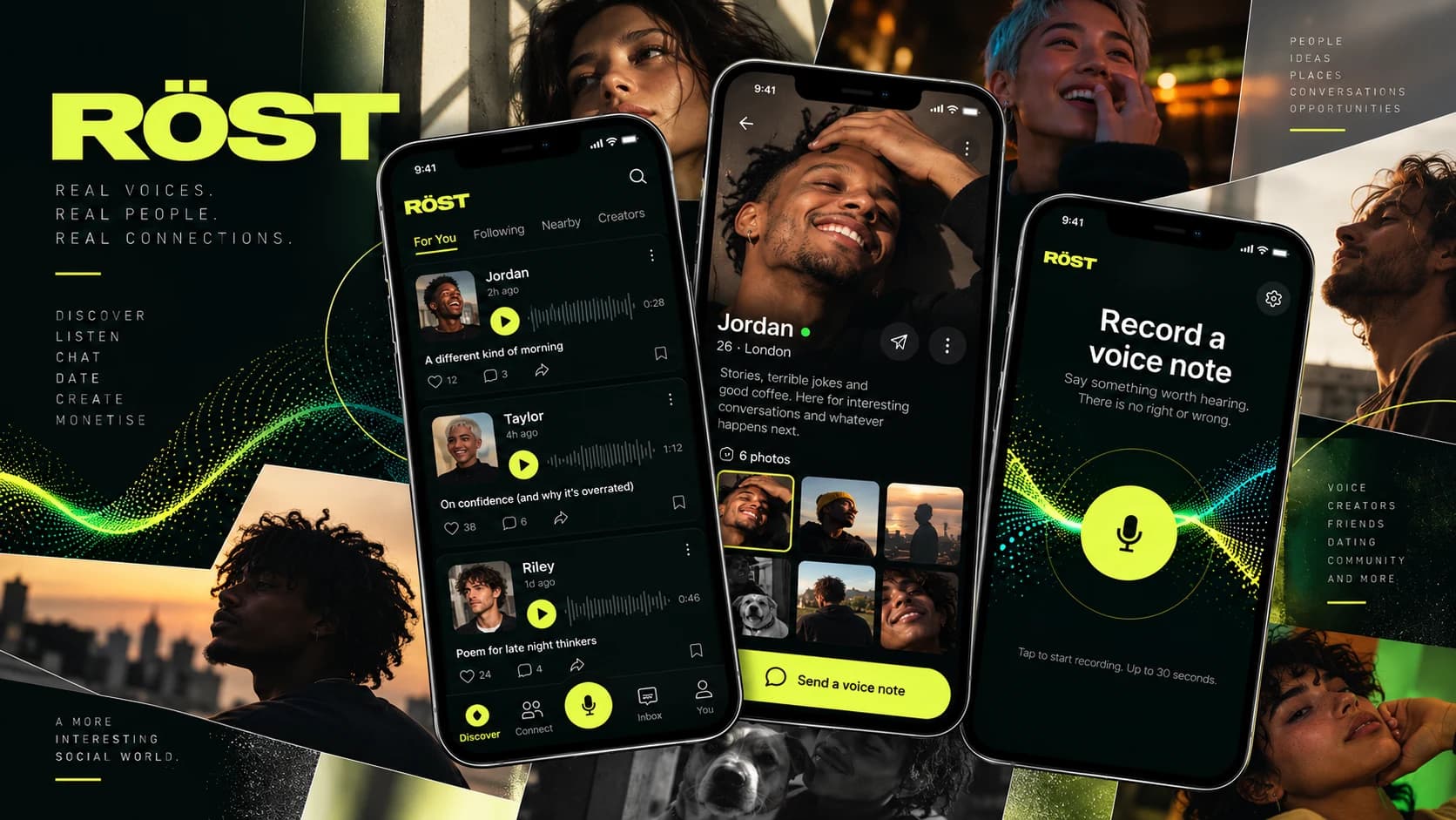 RÖST on three phones: the Discover feed of voice posts, a profile, and the voice note recorder.